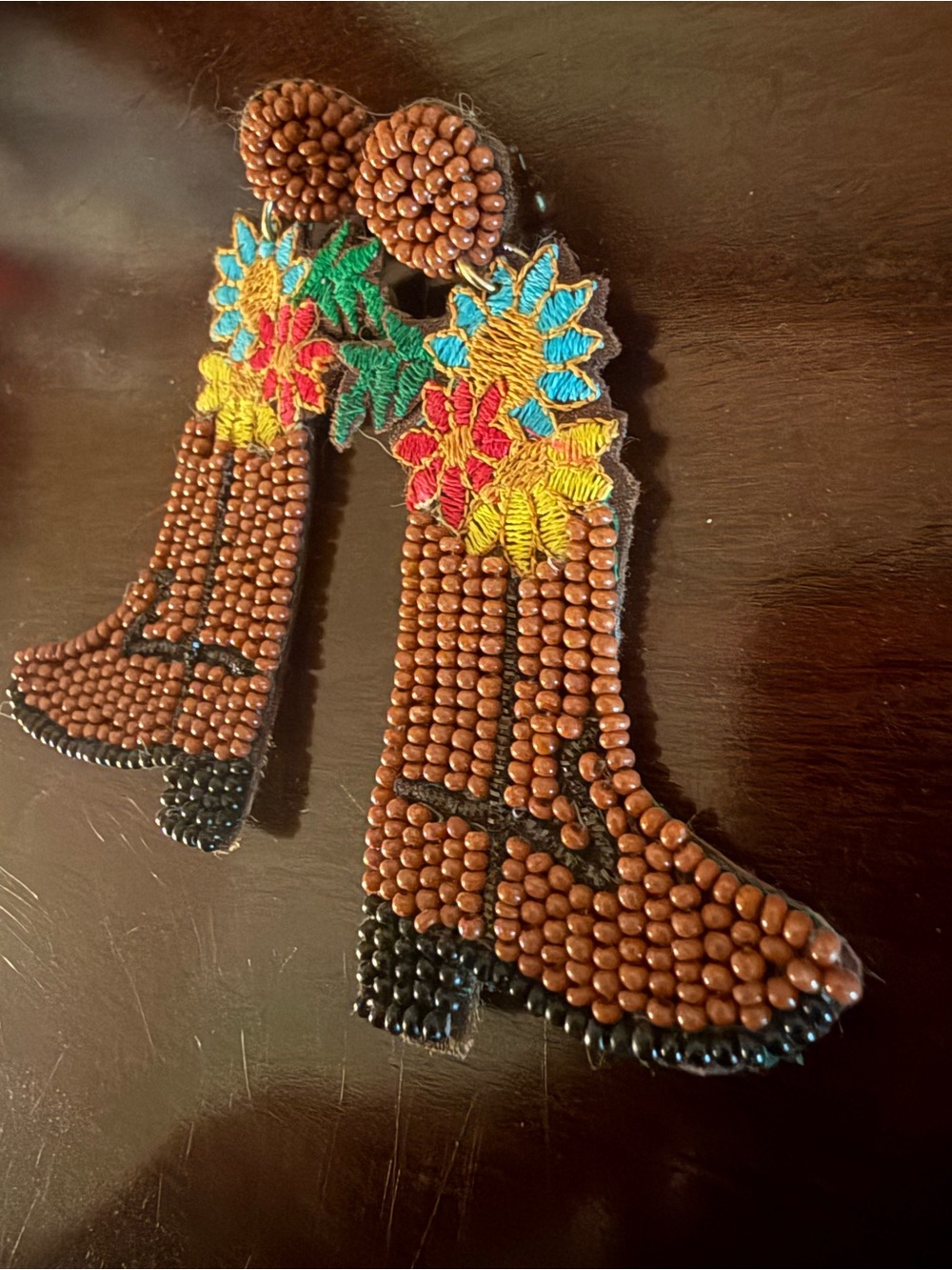 Handmade Beaded Orange Cowboy Boot Statement Earrings - Picture 2 of 2